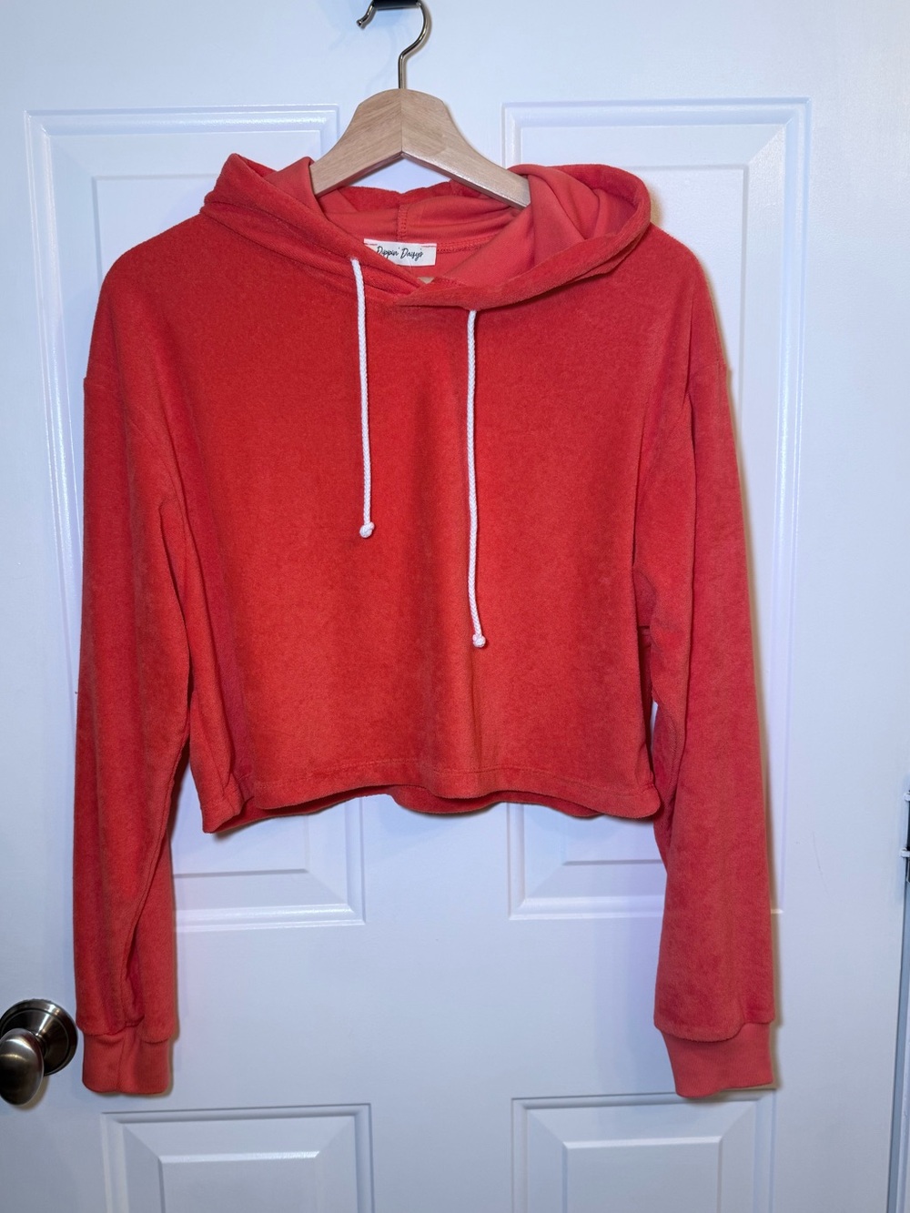 Dippin' Daisy's Cropped Hoodie in Reddish/Orange Terry Cloth Material